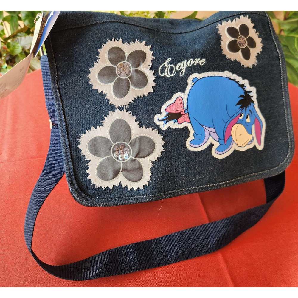 Vintage Disney Eeyore Denim Crossbody Bag Blue Floral Messenger NWT - Picture 3 of 11